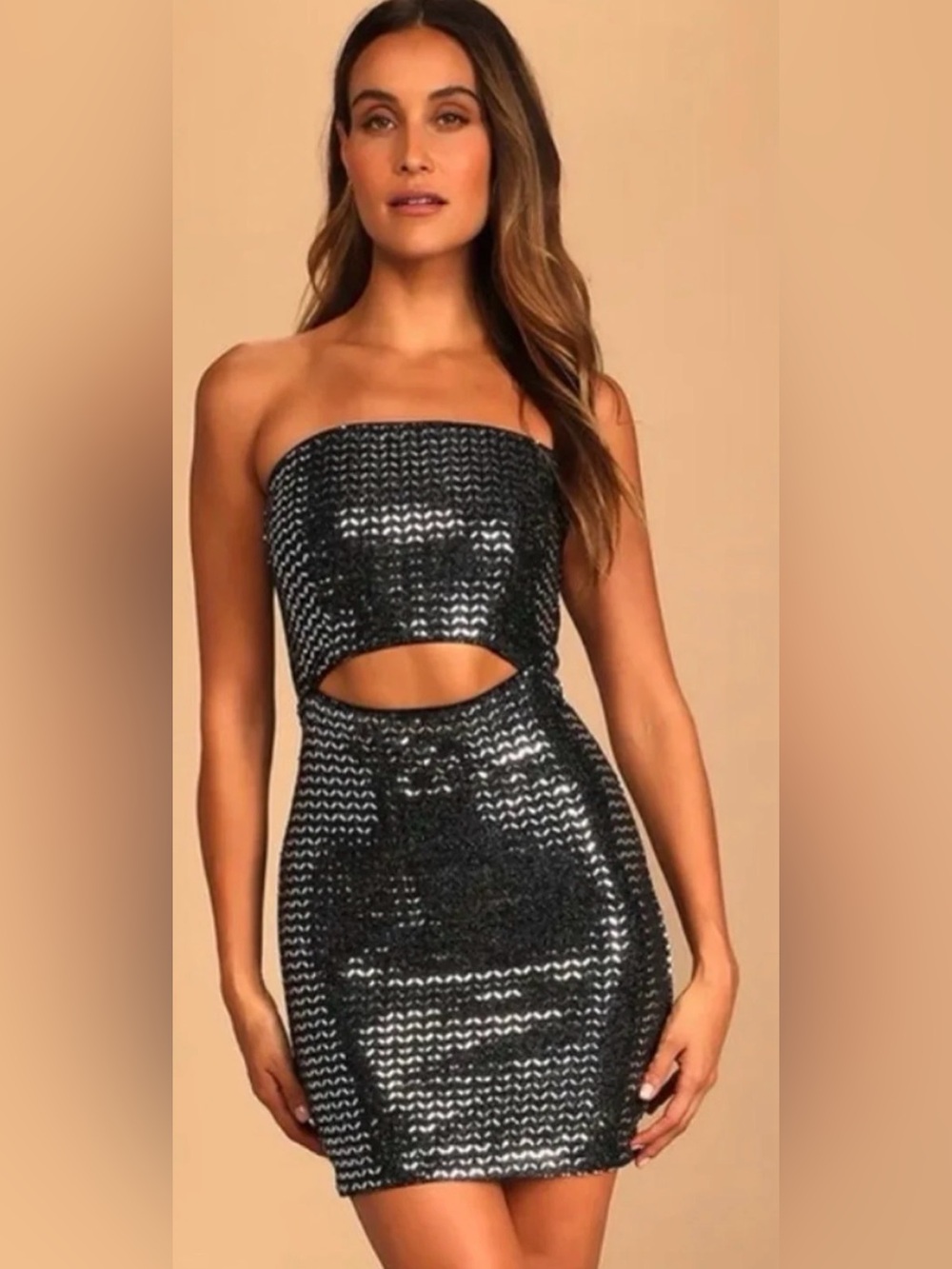 Lulus Feeling Flashy Black & Silver Sequin Center Cutout Bodycon Mini Dress Larg